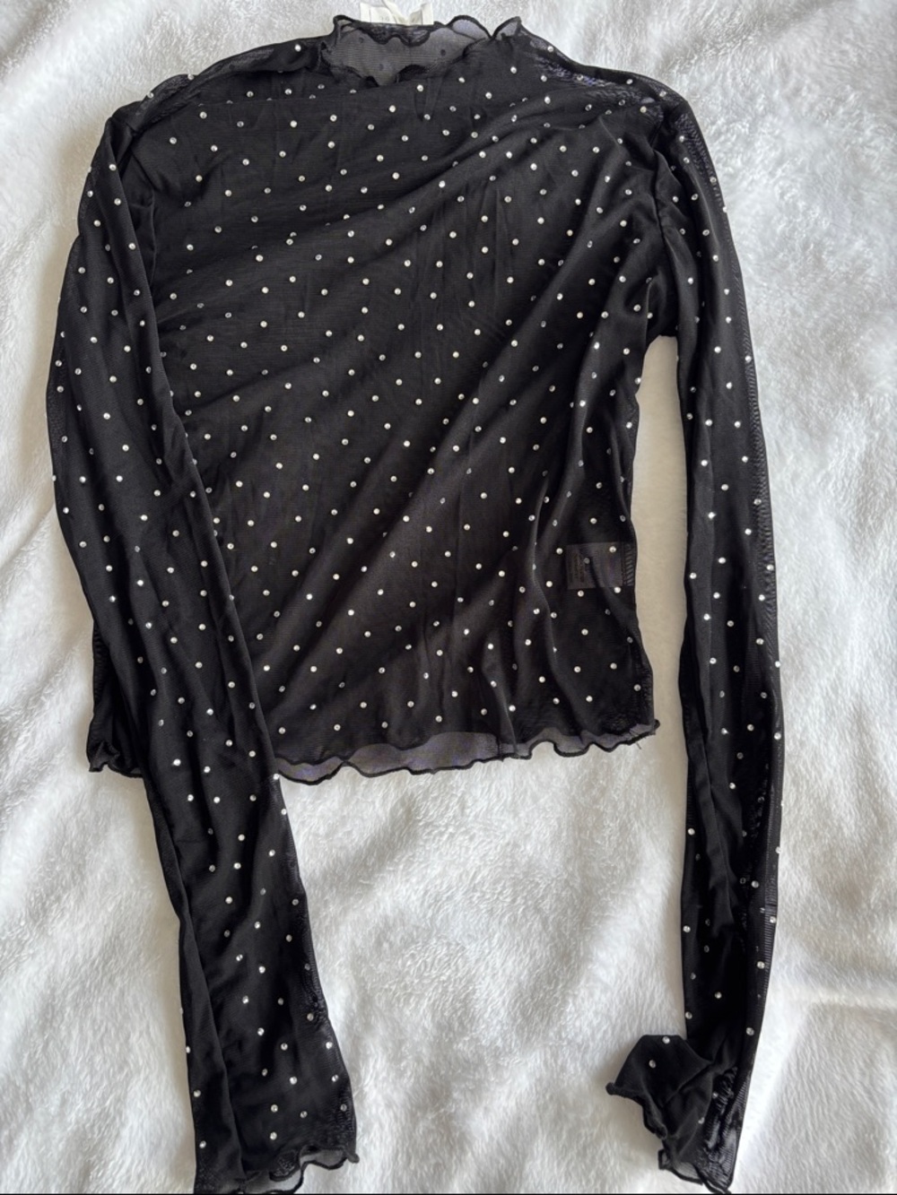 Black Sheer Mesh Long-Sleeve Top with Silver Fake Diamonds